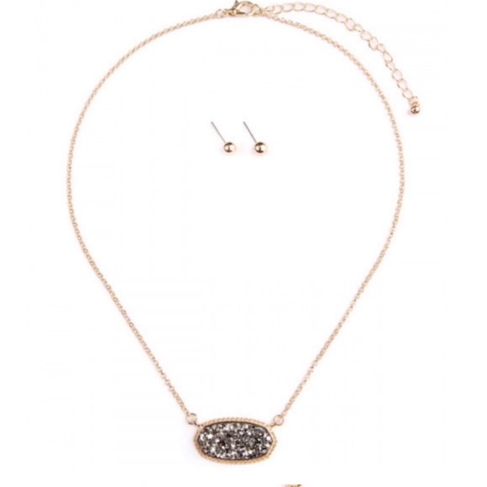 New Hematite Charcoal Druzy Stone Necklace Set